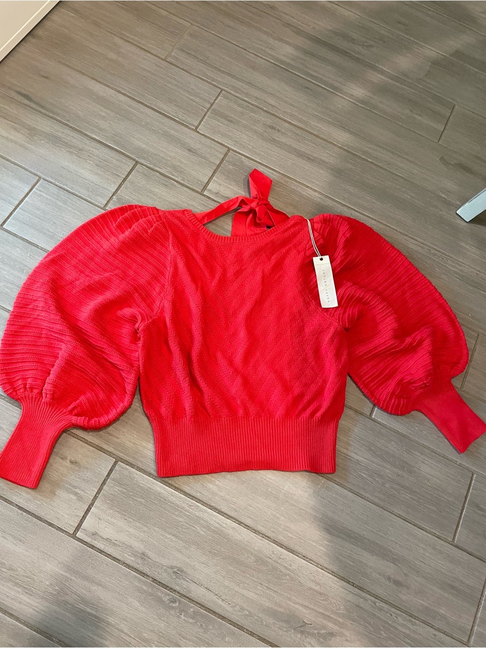 Red Off-the-Shoulder Puff-Sleeve Tie-Back Sweater - Women